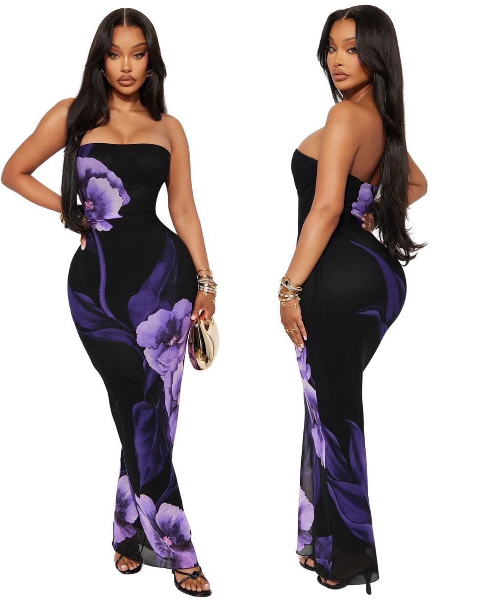 Fashion Nova Anabelle Mesh Maxi Dress Purple Floral Black Size M Y2K Vacation